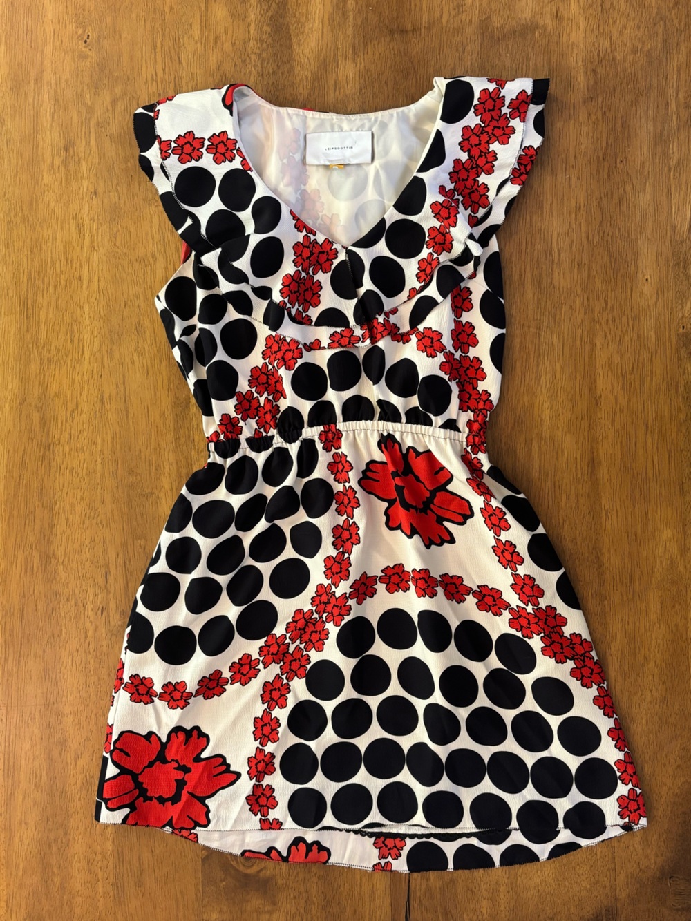 leifsdottir anthropologie Black, White & Red Floral Polka Dot Dress. 100% Silk.